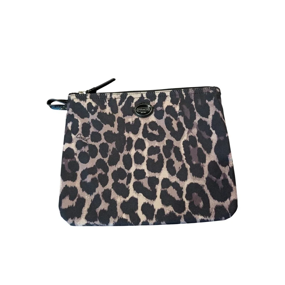Coach Leopard Print Nylon Cosmetic Pouch Clutch Bag Grey Tan Black Logo Plaque